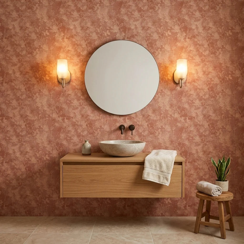Terra Drift earthy abstract wallpaper creating ambiance in a serene bathroom