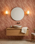 Terra Drift earthy abstract wallpaper creating ambiance in a serene bathroom