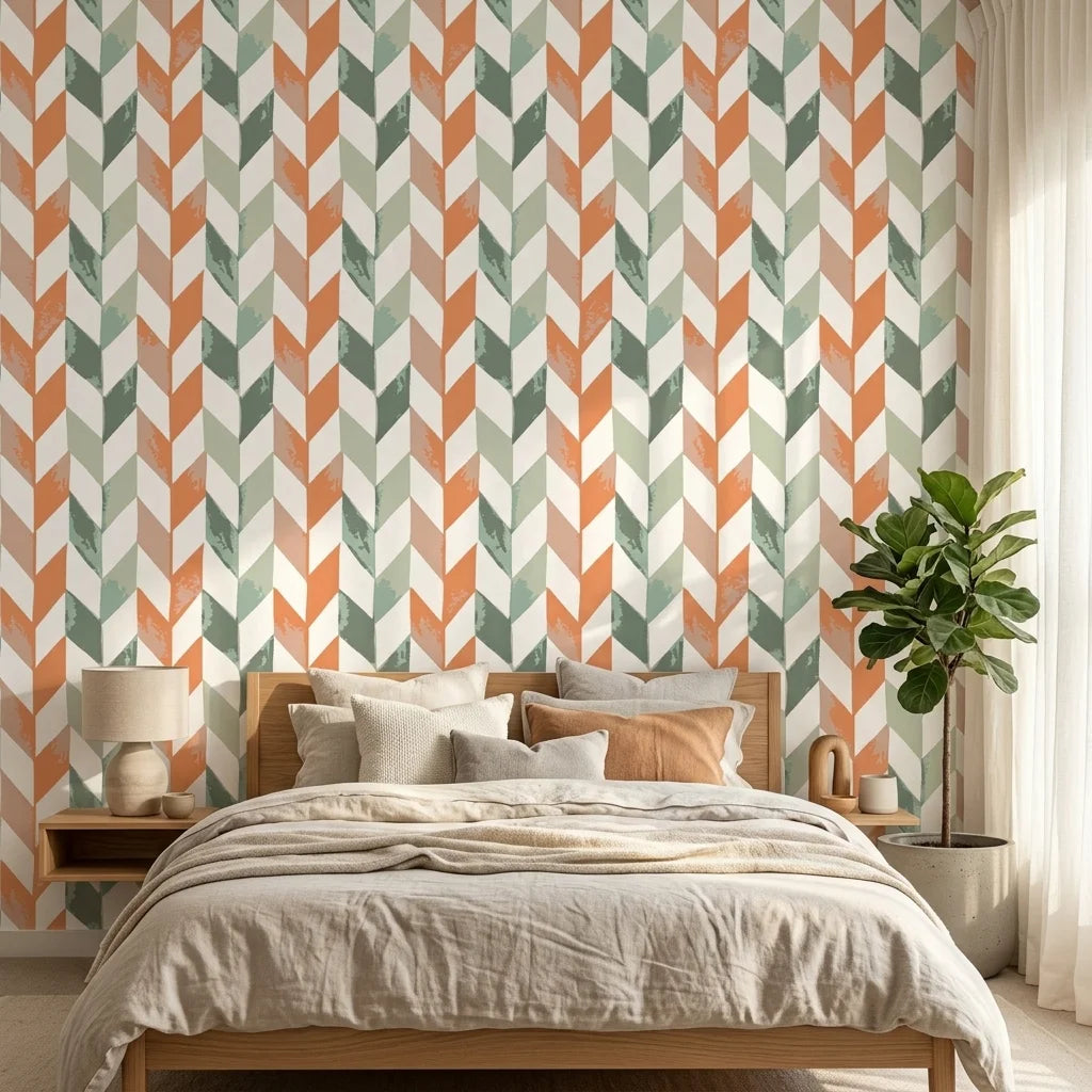 Terra & Sage modern geometric peel and stick wallpaper in a warm and inviting living room
