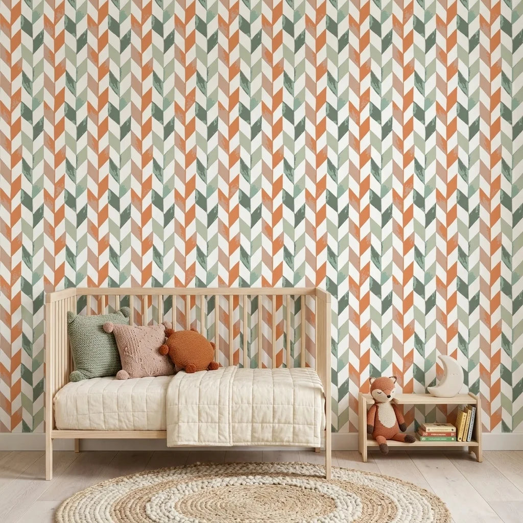 Terra & Sage modern geometric peel and stick wallpaper as a feature wall in a bright home office