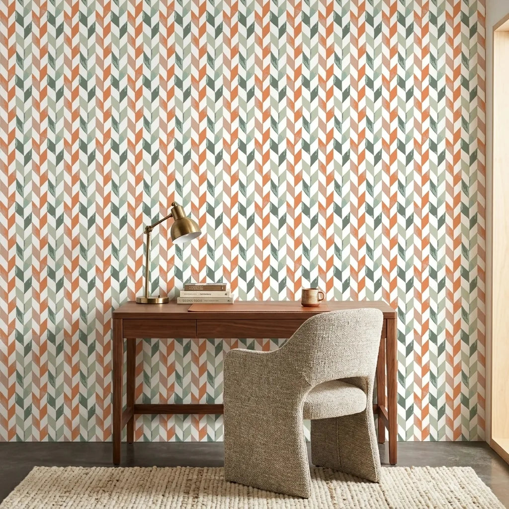 Terra & Sage modern geometric peel and stick wallpaper creating ambiance in a serene bathroom