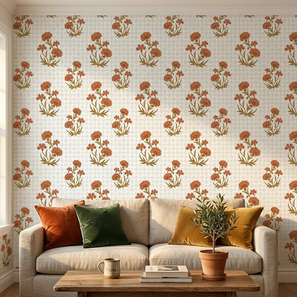 Smooth terracotta carnation floral sprig peel and stick wallpaper - Terracotta Carnation
