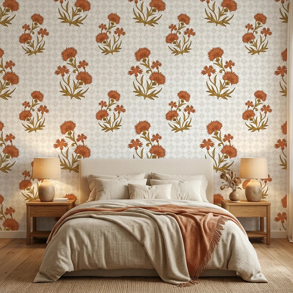 Smooth terracotta carnation floral sprig peel and stick wallpaper - Terracotta Carnation in a warm living room