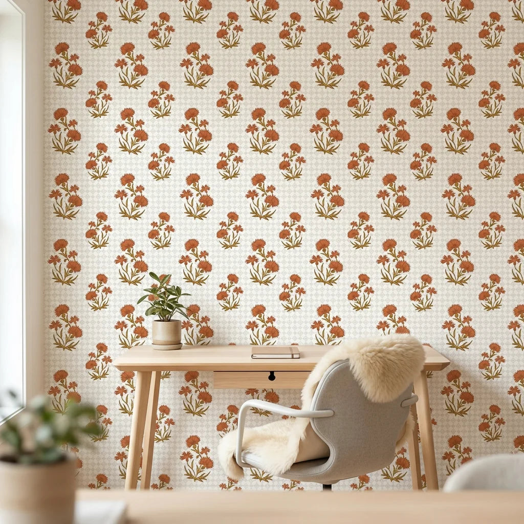 Smooth terracotta carnation floral sprig peel and stick wallpaper - Terracotta Carnation adding character to a bedroom