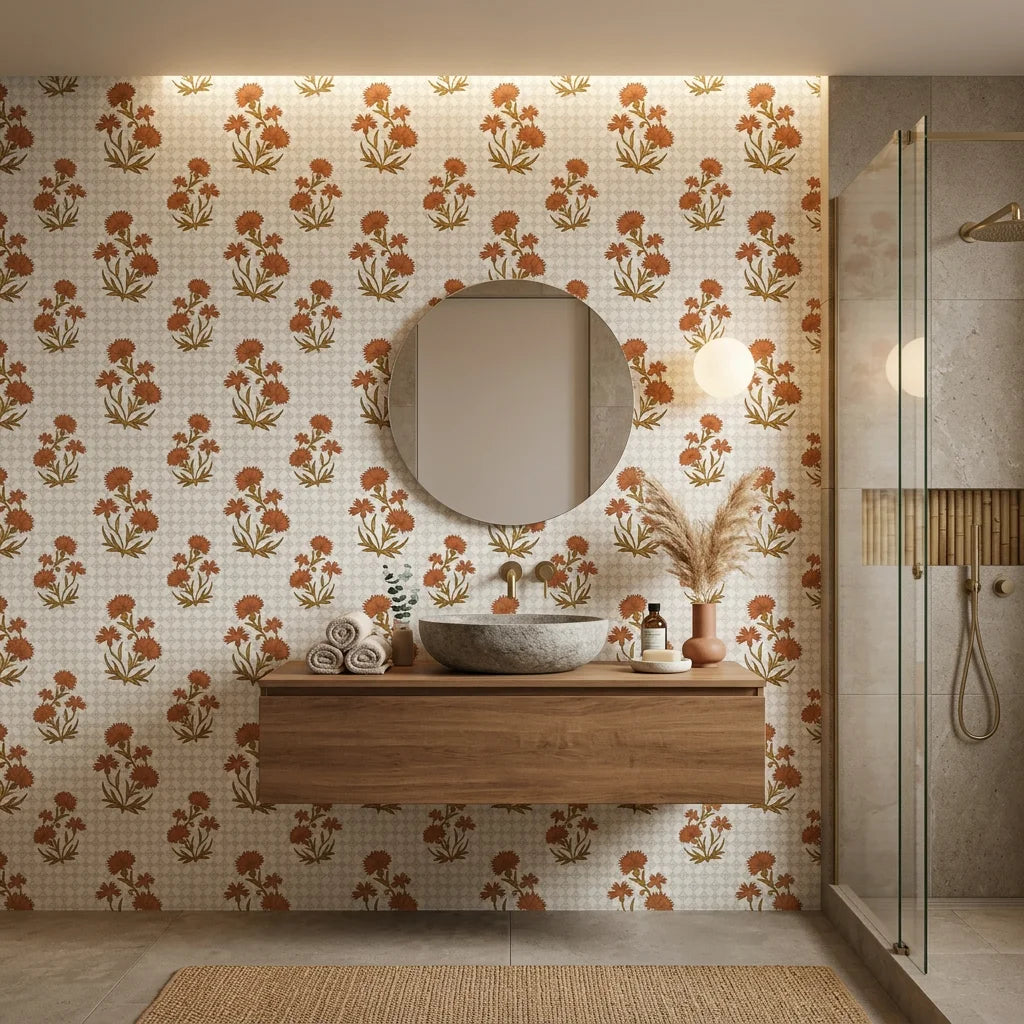 Smooth terracotta carnation floral sprig peel and stick wallpaper - Terracotta Carnation as a feature wall in an office