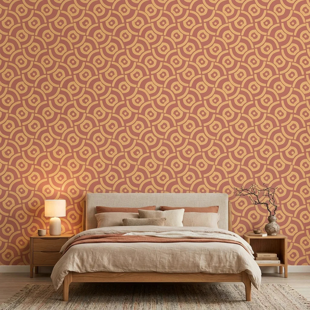 Matte terracotta geometric maze labyrinth peel and stick wallpaper - Terracotta Labyrinth in a warm living room