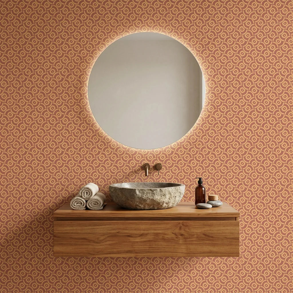 Matte terracotta geometric maze labyrinth peel and stick wallpaper - Terracotta Labyrinth as a feature wall in an office