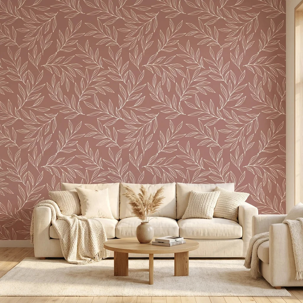 Matte dusty rose outline leaf sprig peel and stick wallpaper - Terracotta Leaf