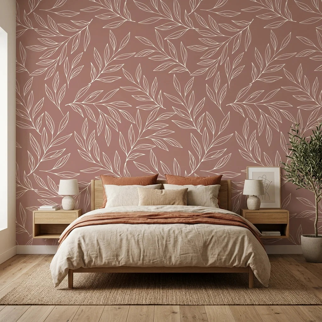 Matte dusty rose outline leaf sprig peel and stick wallpaper - Terracotta Leaf in a warm living room