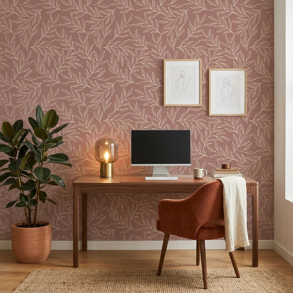Matte dusty rose outline leaf sprig peel and stick wallpaper - Terracotta Leaf adding character to a bedroom