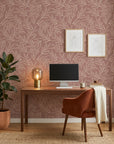 Matte dusty rose outline leaf sprig peel and stick wallpaper - Terracotta Leaf adding character to a bedroom