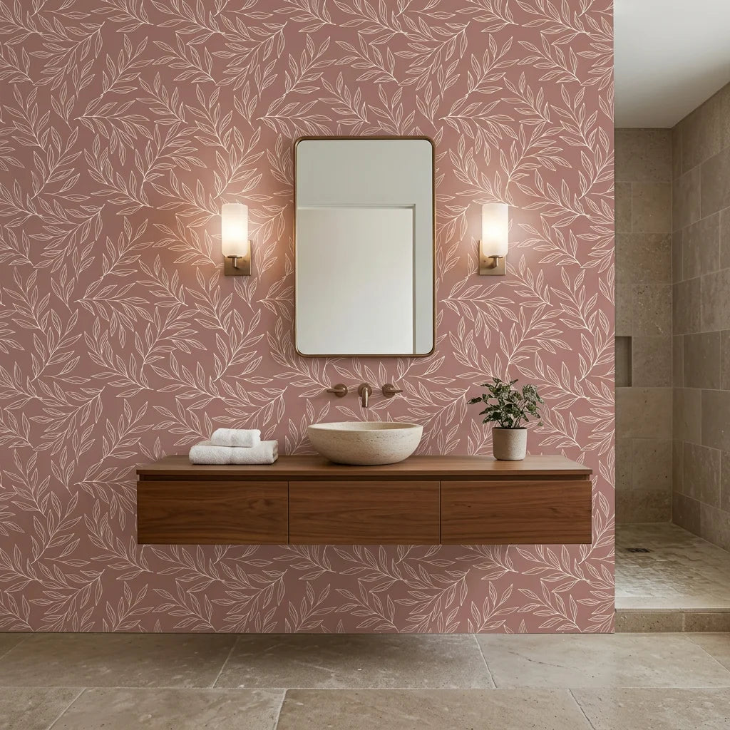 Matte dusty rose outline leaf sprig peel and stick wallpaper - Terracotta Leaf as a feature wall in an office