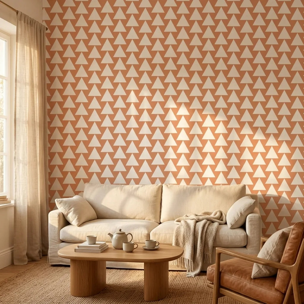 Terracotta Peaks geometric peach triangle wallpaper in a warm and inviting living room