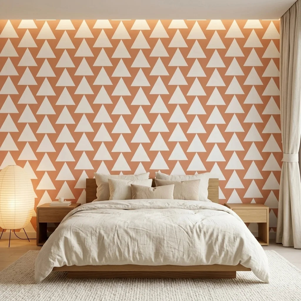 Terracotta Peaks geometric peach triangle wallpaper adding character to a cozy bedroom