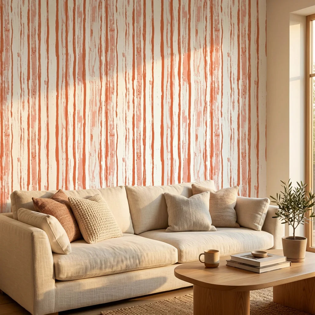 Matte terracotta painterly brushstroke stripe peel and stick wallpaper - Terracotta Rainfall