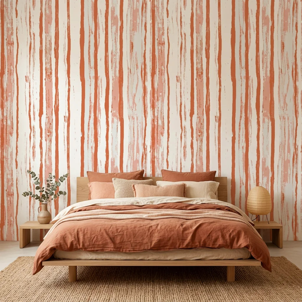 Matte terracotta painterly brushstroke stripe peel and stick wallpaper - Terracotta Rainfall in a warm living room