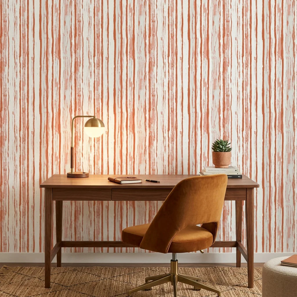 Matte terracotta painterly brushstroke stripe peel and stick wallpaper - Terracotta Rainfall adding character to a bedroom