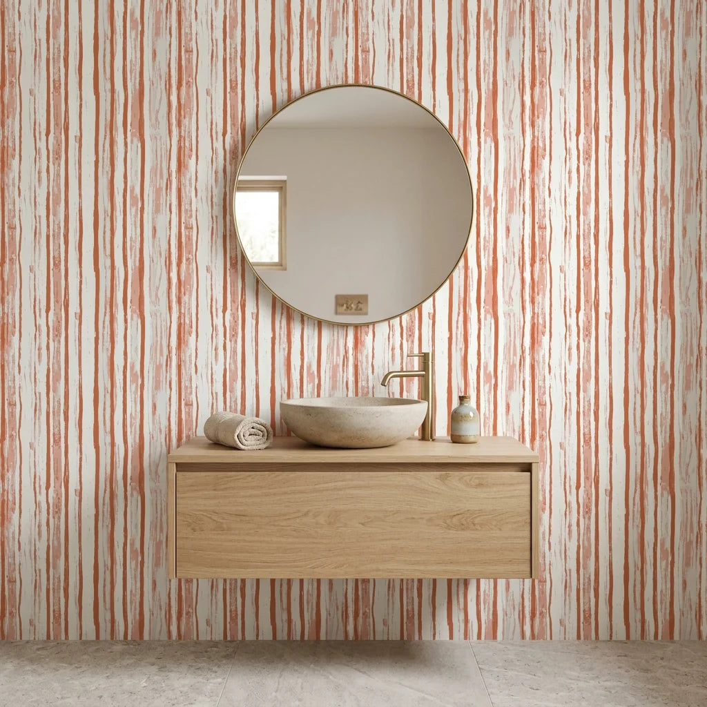 Matte terracotta painterly brushstroke stripe peel and stick wallpaper - Terracotta Rainfall as a feature wall in an office