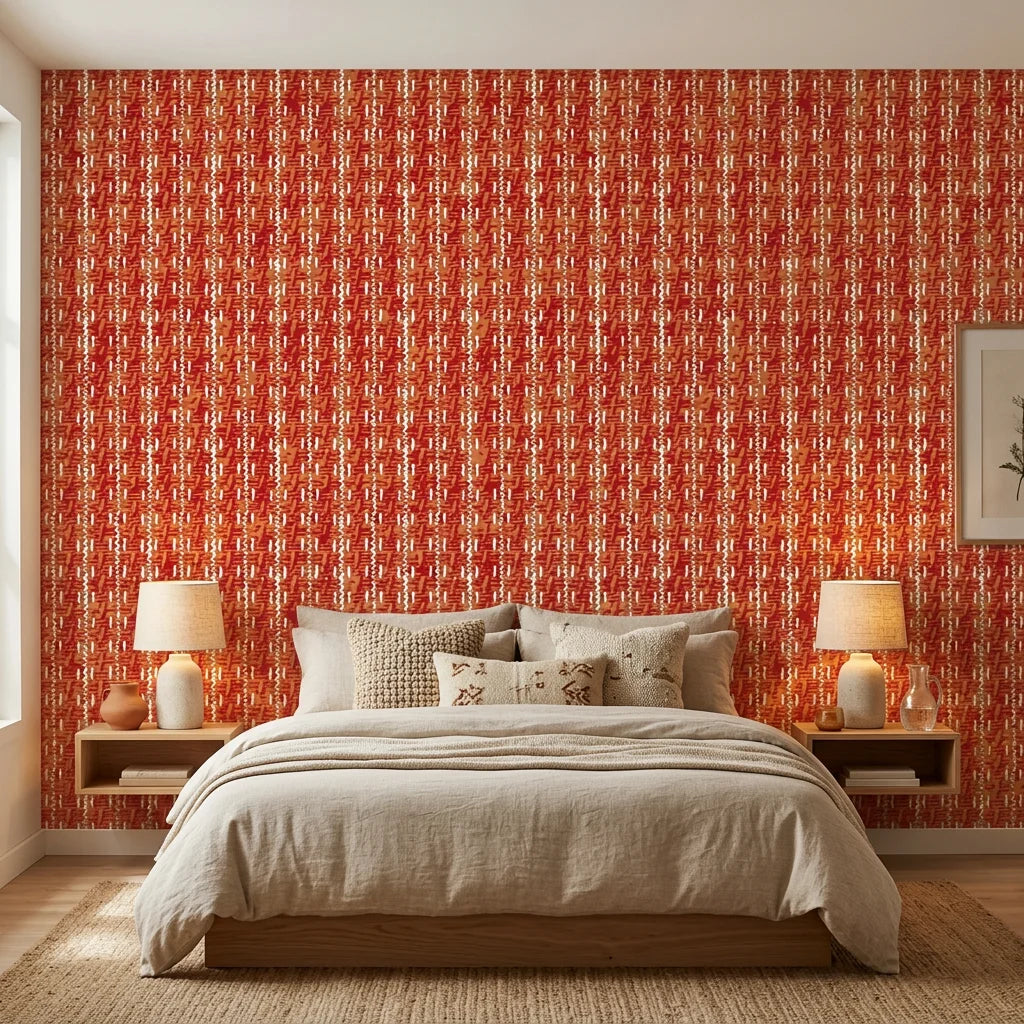 Textured terracotta woven houndstooth brick peel and stick wallpaper - Terracotta Relic in a warm living room