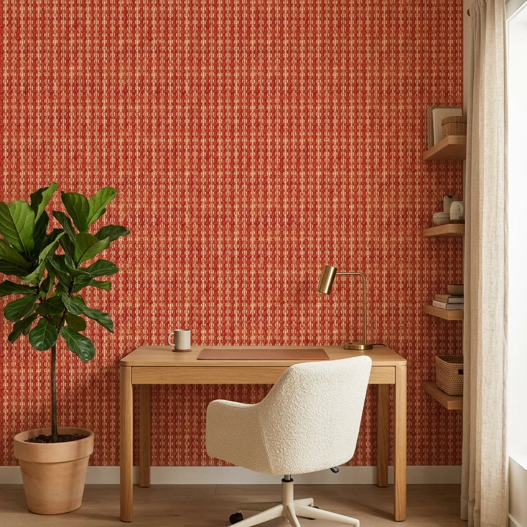 Textured terracotta woven houndstooth brick peel and stick wallpaper - Terracotta Relic adding character to a bedroom