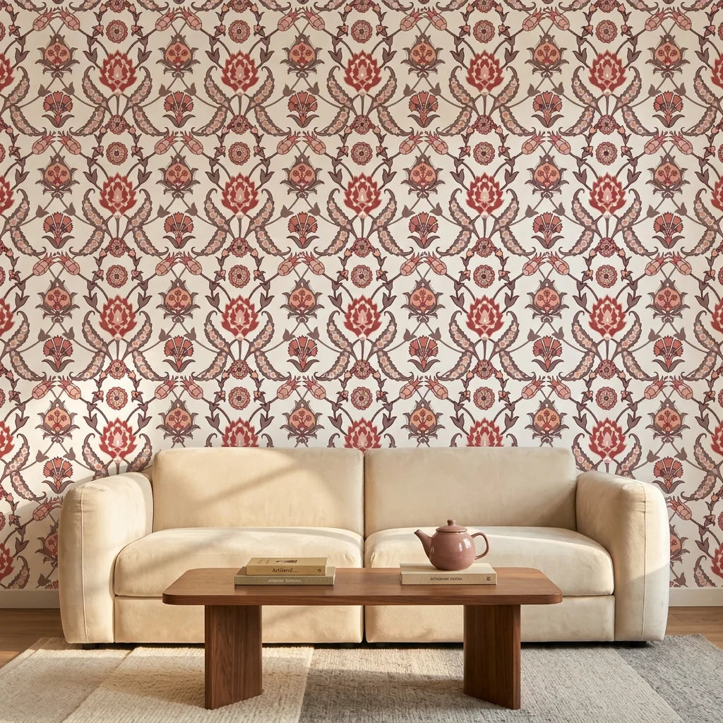 Smooth Ottoman floral vine botanical peel and stick wallpaper - Terracotta Spice