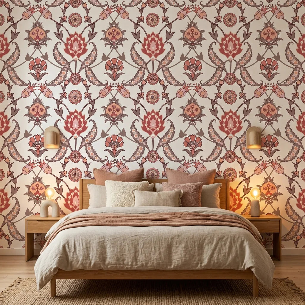 Smooth Ottoman floral vine botanical peel and stick wallpaper - Terracotta Spice in a warm living room