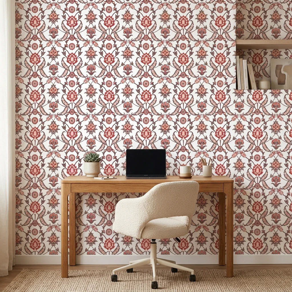 Smooth Ottoman floral vine botanical peel and stick wallpaper - Terracotta Spice adding character to a bedroom