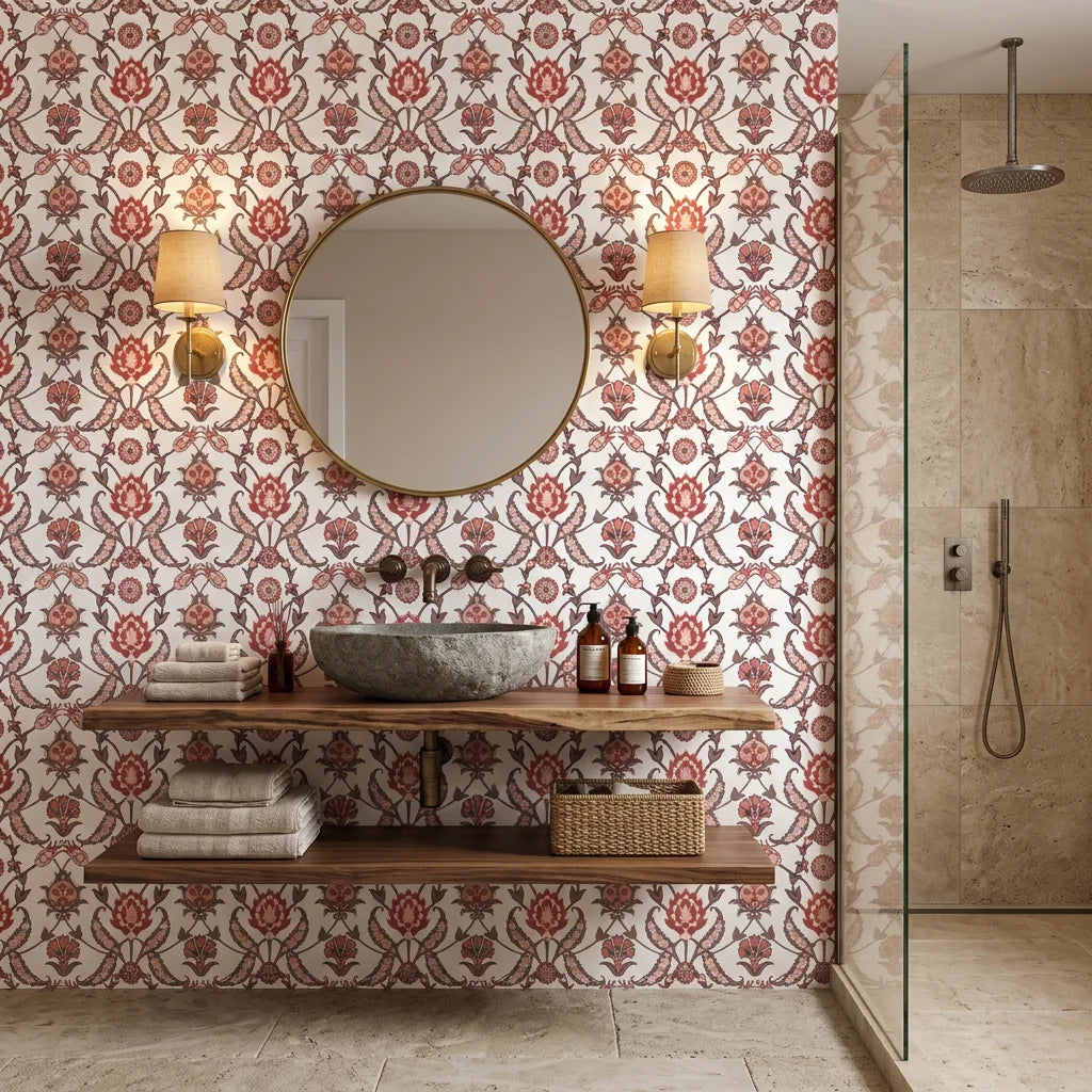 Smooth Ottoman floral vine botanical peel and stick wallpaper - Terracotta Spice as a feature wall in an office