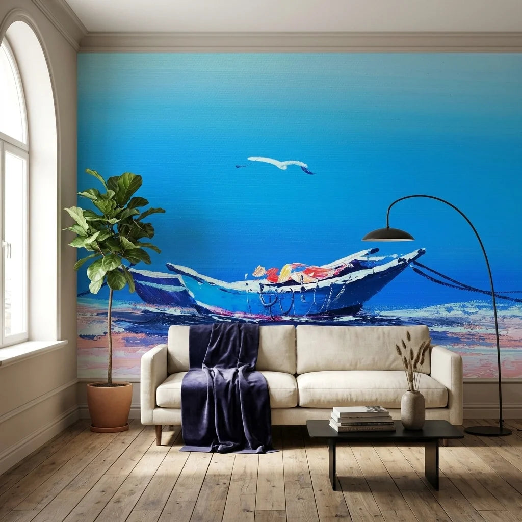Canvas-like blue coastal fishing boat and seagull peel and stick wallpaper - Tethered & Blue