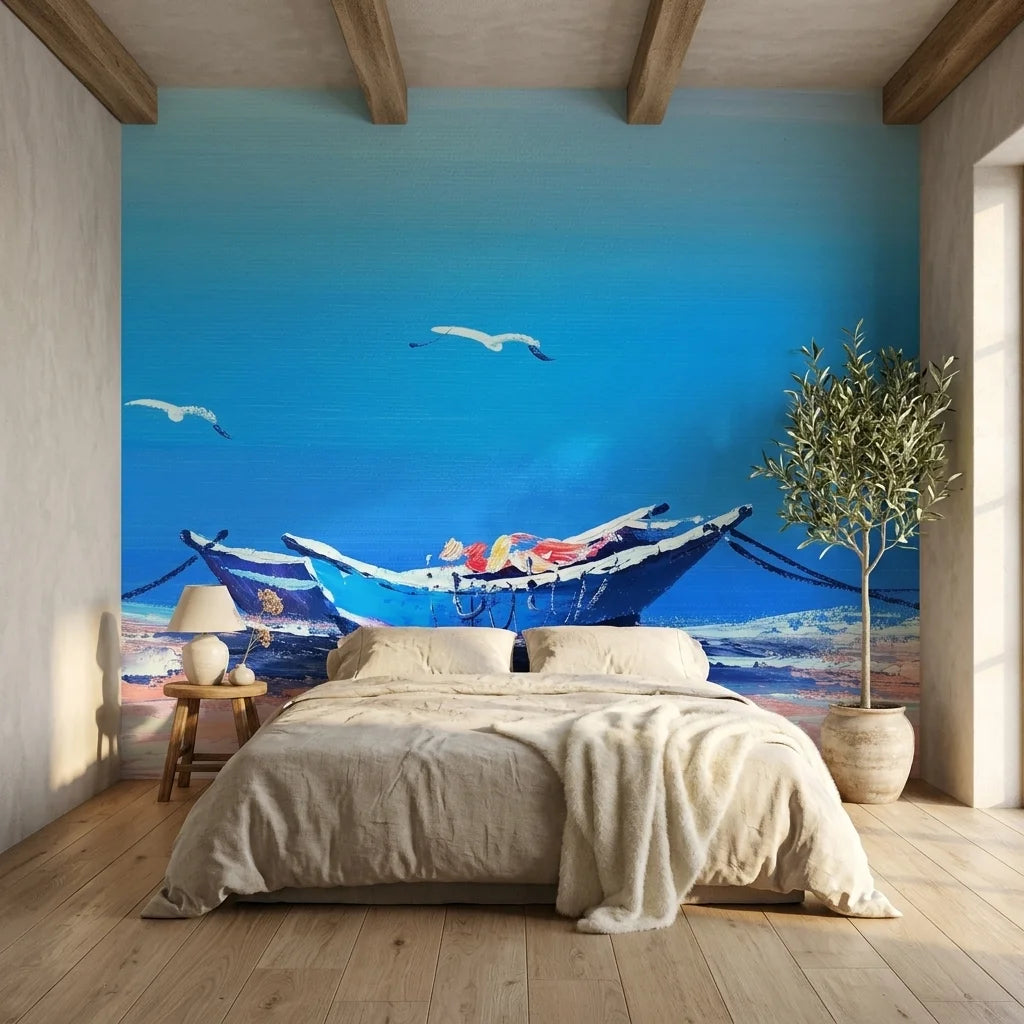 Tethered & Blue serene coastal boat wallpaper in a warm and inviting living room