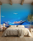Tethered & Blue serene coastal boat wallpaper in a warm and inviting living room
