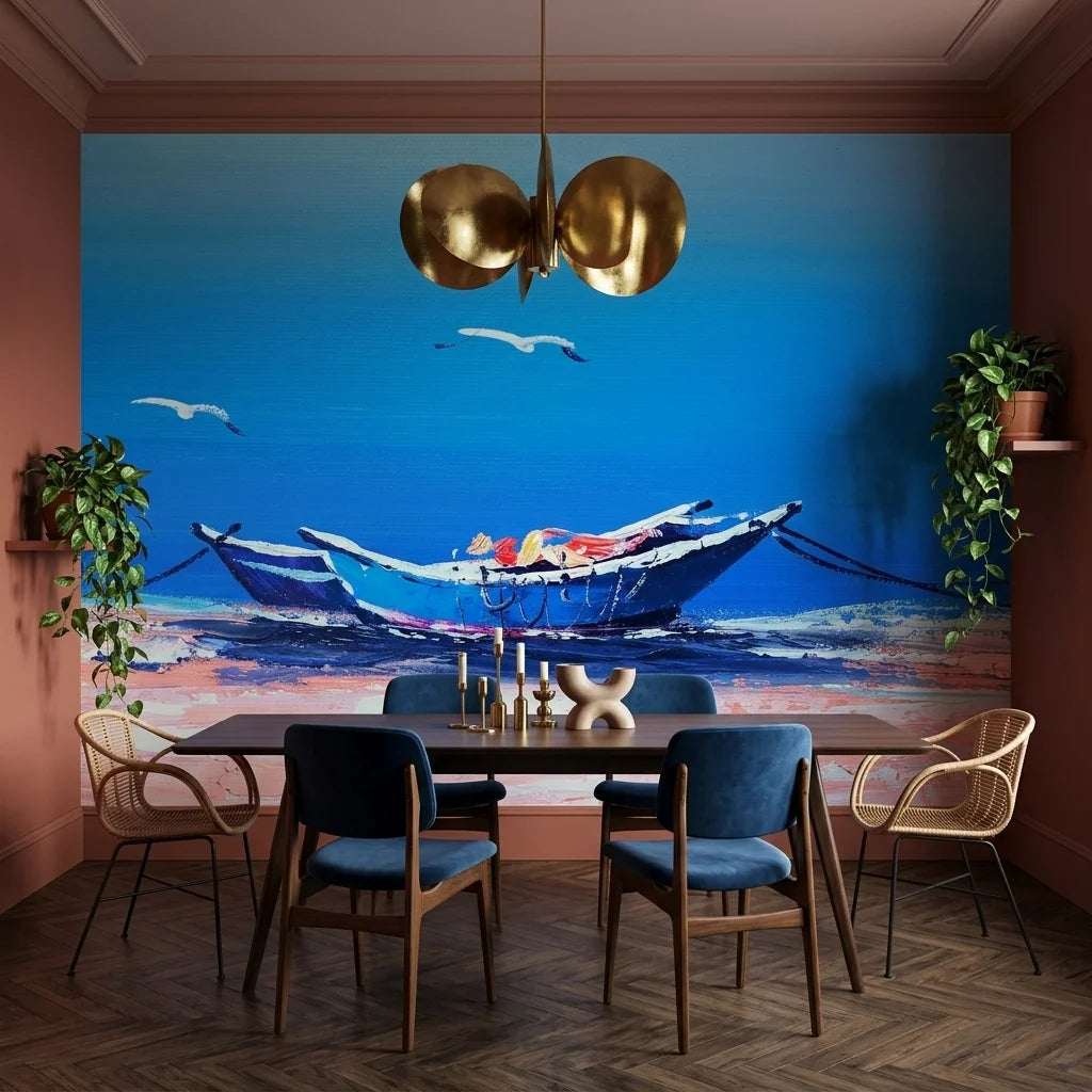 Tethered & Blue serene coastal boat wallpaper adding character to a cozy bedroom