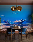 Tethered & Blue serene coastal boat wallpaper adding character to a cozy bedroom