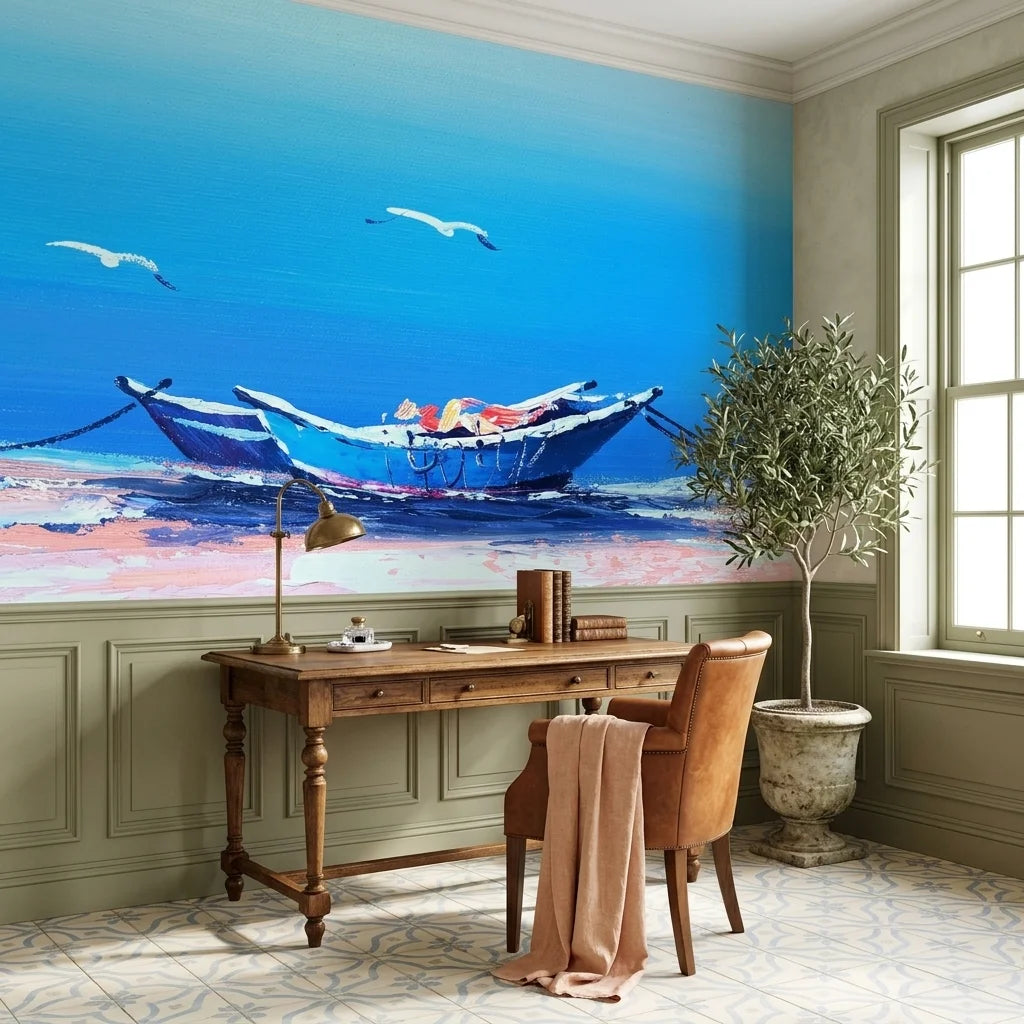 Tethered & Blue serene coastal boat wallpaper as a feature wall in a bright home office