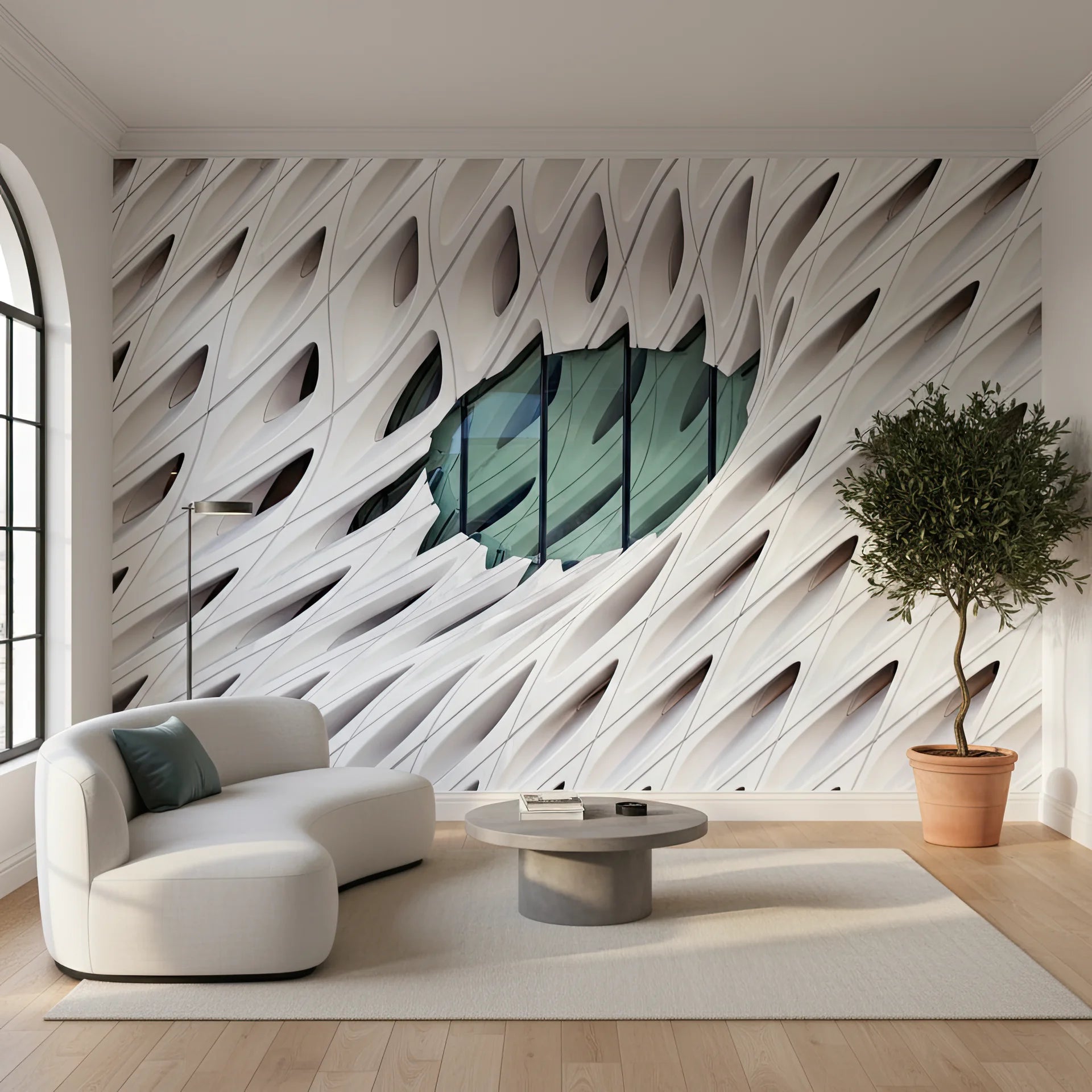 Architectural line art peel and stick wallpaper in white and green