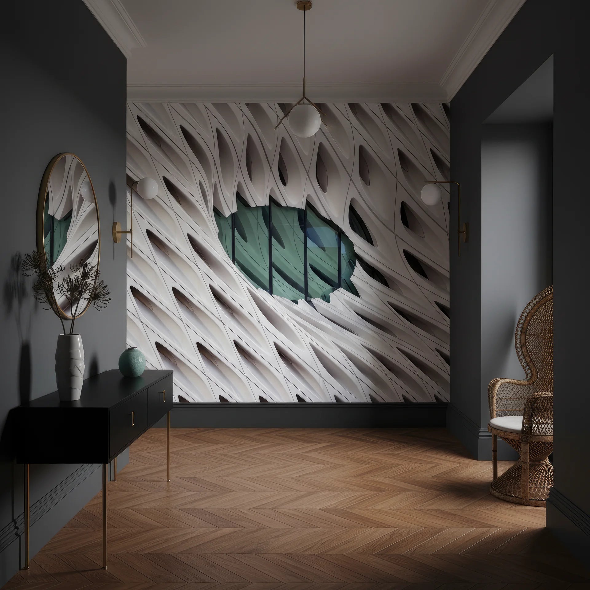 Modern white wallpaper featuring organic aperture form detail