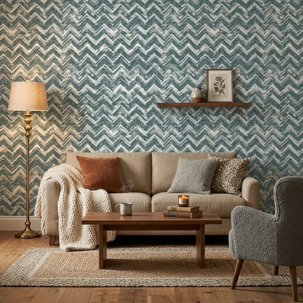 The Depths textured blue chevron wallpaper in a warm and inviting living room