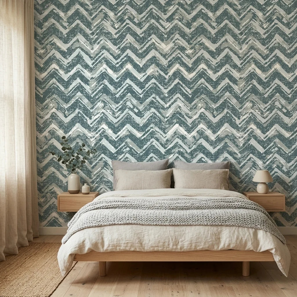 The Depths textured blue chevron wallpaper adding character to a cozy bedroom