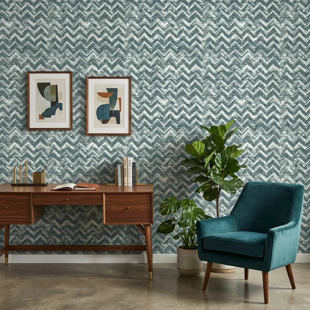 The Depths textured blue chevron wallpaper as a feature wall in a bright home office