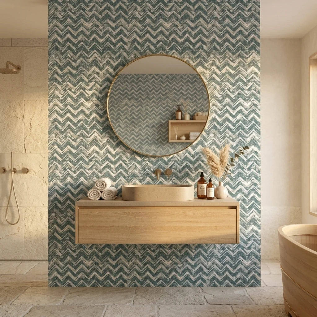 The Depths textured blue chevron wallpaper creating ambiance in a serene bathroom
