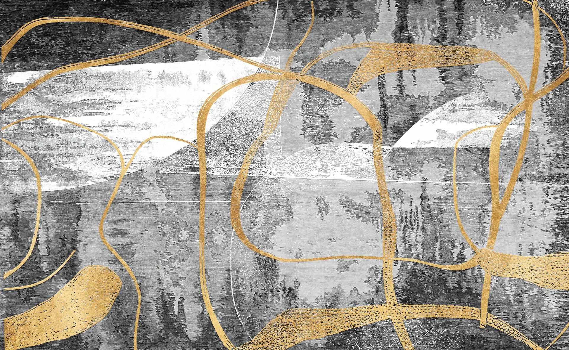 The Gilded Loop gold and charcoal abstract line wallpaper creating ambiance in a serene bathroom