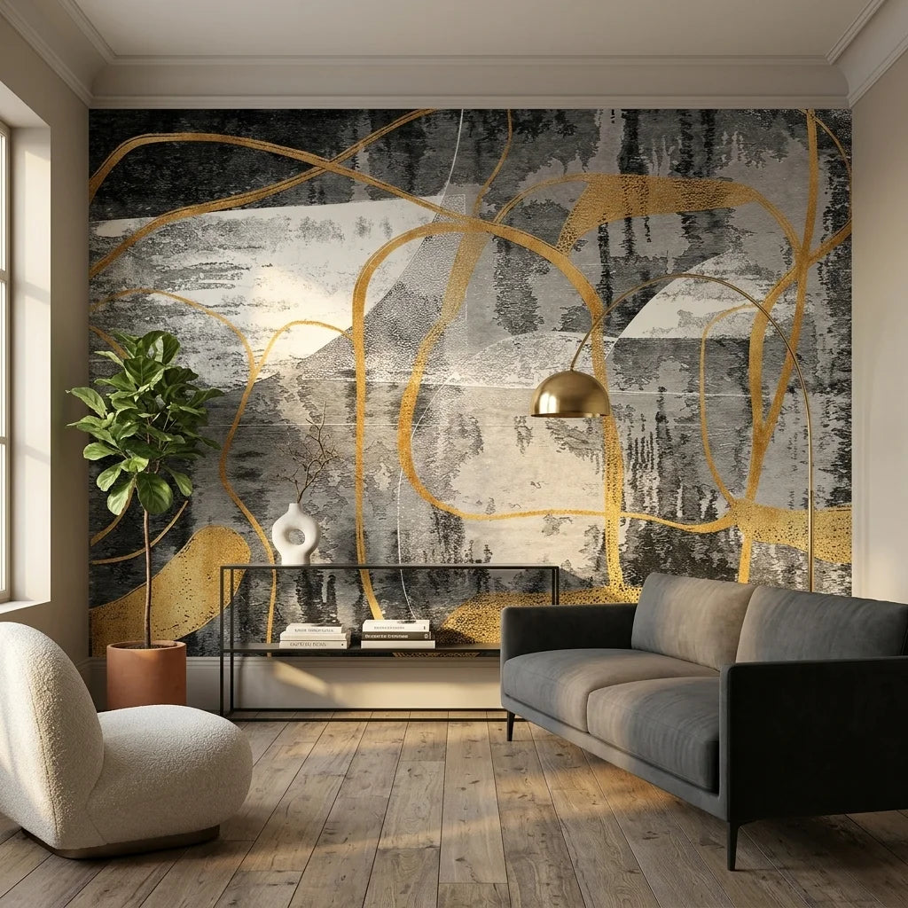 Matte charcoal and gold abstract looping lines peel and stick wallpaper - The Gilded Loop