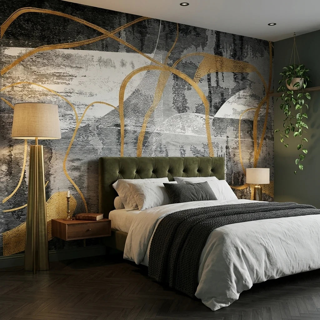 The Gilded Loop gold and charcoal abstract line wallpaper in a warm and inviting living room