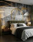 The Gilded Loop gold and charcoal abstract line wallpaper in a warm and inviting living room