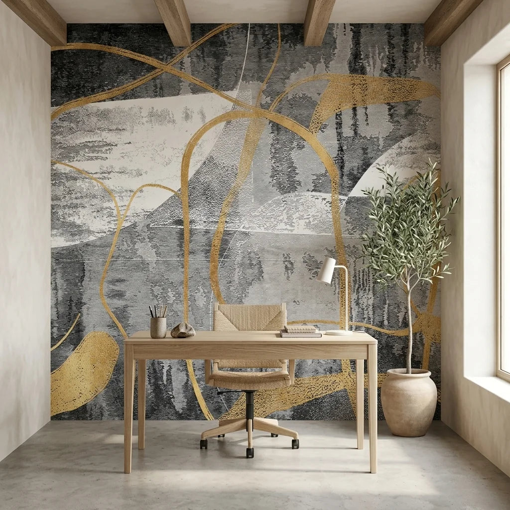 The Gilded Loop gold and charcoal abstract line wallpaper adding character to a cozy bedroom