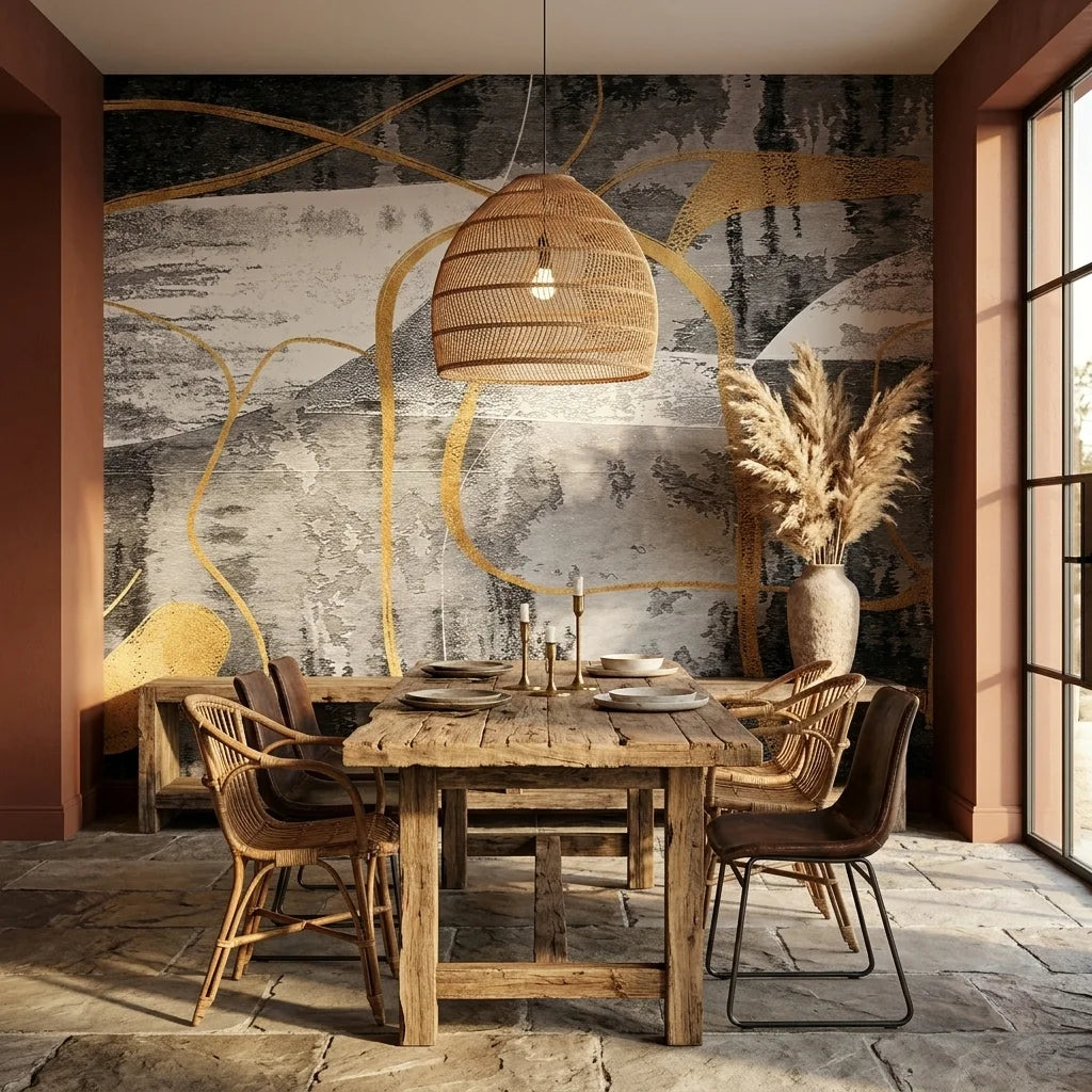 The Gilded Loop gold and charcoal abstract line wallpaper as a feature wall in a bright home office
