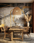 The Gilded Loop gold and charcoal abstract line wallpaper as a feature wall in a bright home office