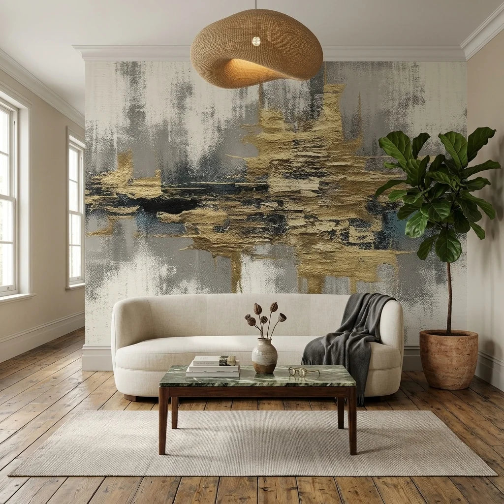 Canvas-like gold grey black abstract horizon peel and stick wallpaper - The Gold Seam