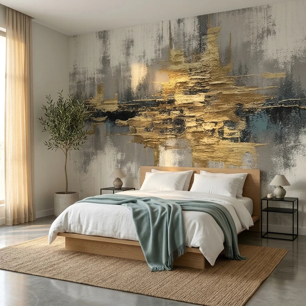 The Gold Seam gold grey and black abstract wallpaper in a warm and inviting living room