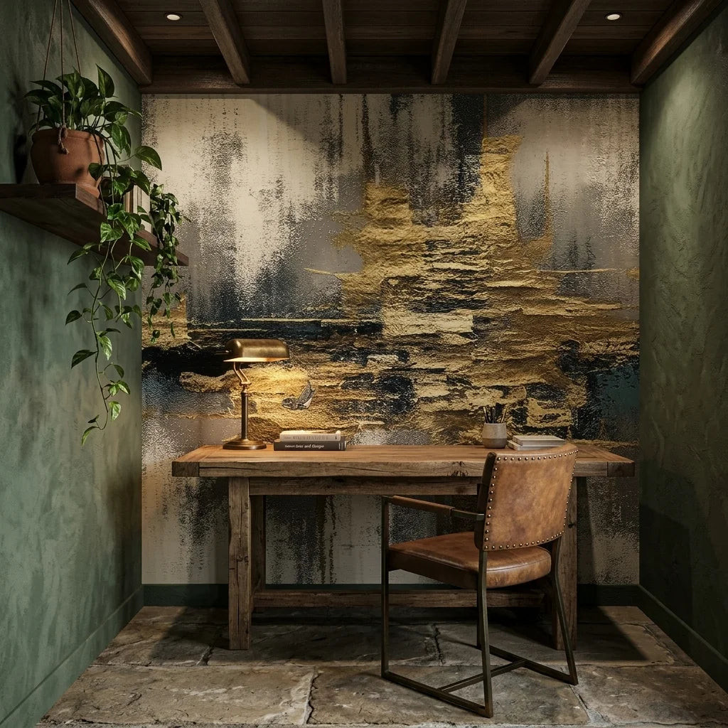 The Gold Seam gold grey and black abstract wallpaper adding character to a cozy bedroom
